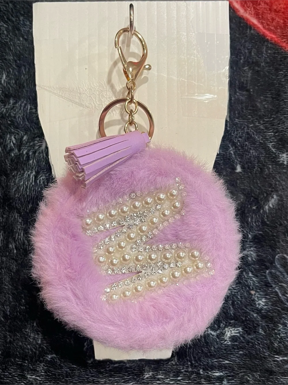 Lavender Faux Fur Pouch Keychain with Pearl & Rhinestone Accent